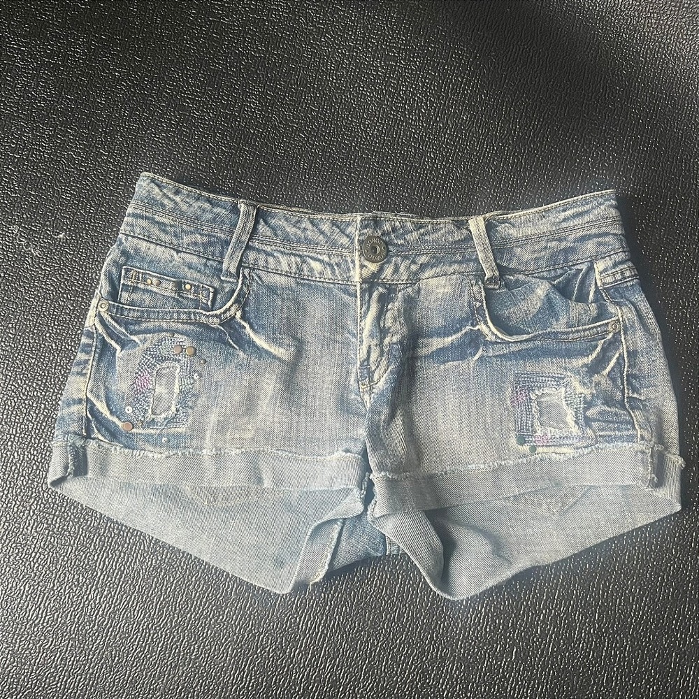 Bongo Womens 5 Denim Shorts Low Rise Distressed Studded Cuffed Y2K Boho Festival
